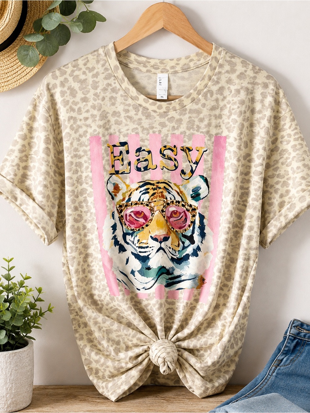 Xl Easy Tiger Graphic Tee - Beige Leopard Print with Pink Accent